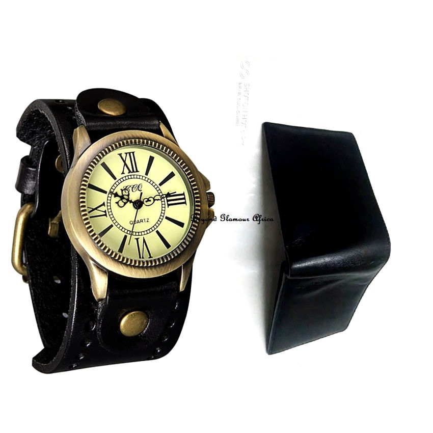 Mens Black Leather vintage watch with wallet