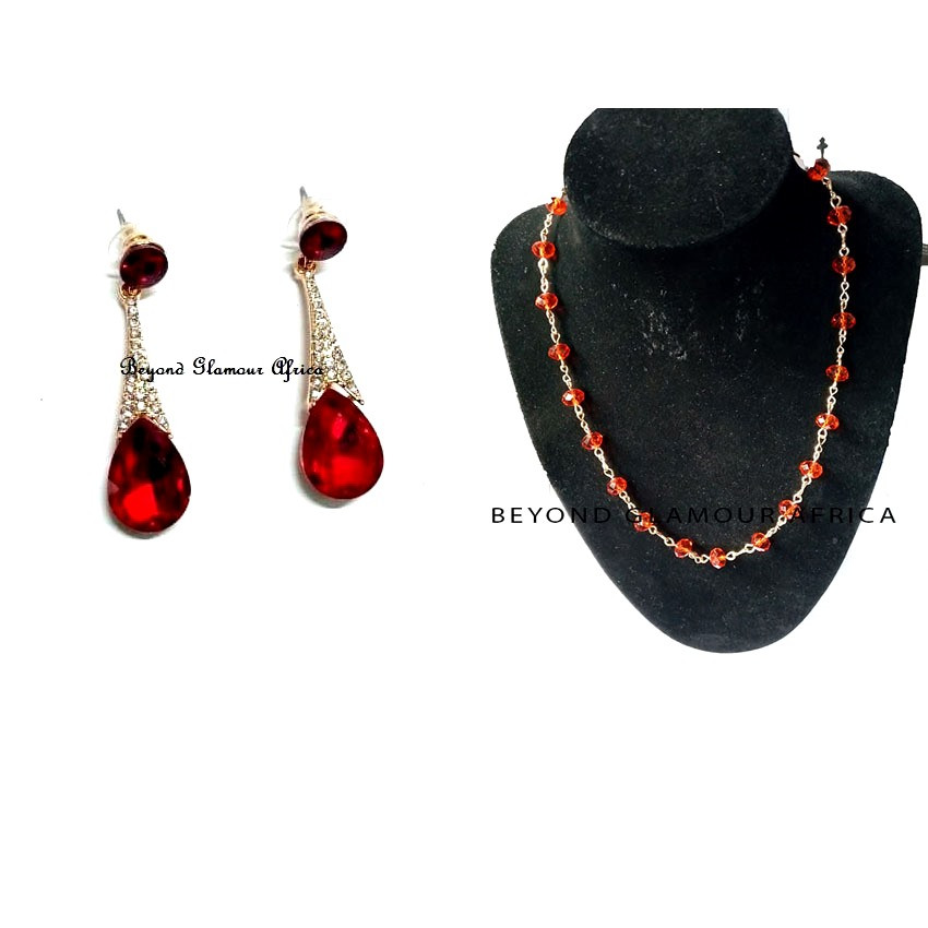 Womens red Crystal dangle Earrings with necklace
