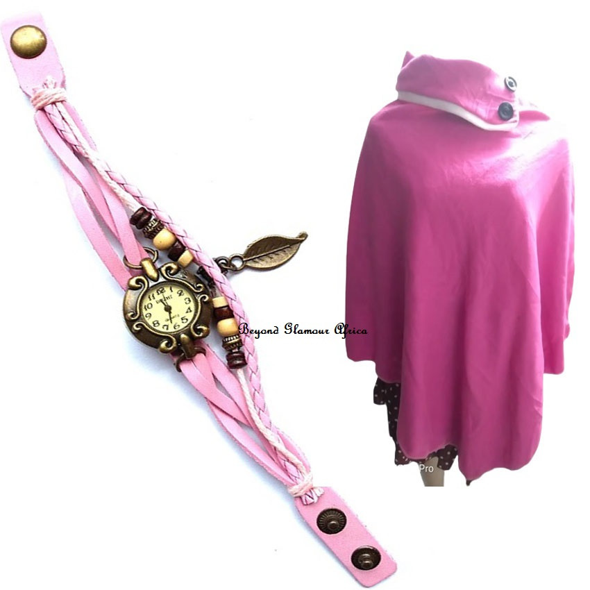 Womens Pink Leather watch and poncho