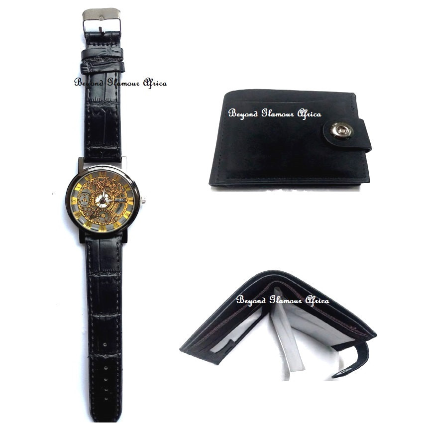 Mens Black Leather skeleton watch with wallet