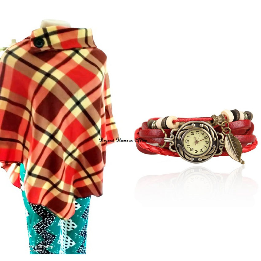 Womens Red Multicolored poncho with watch combo