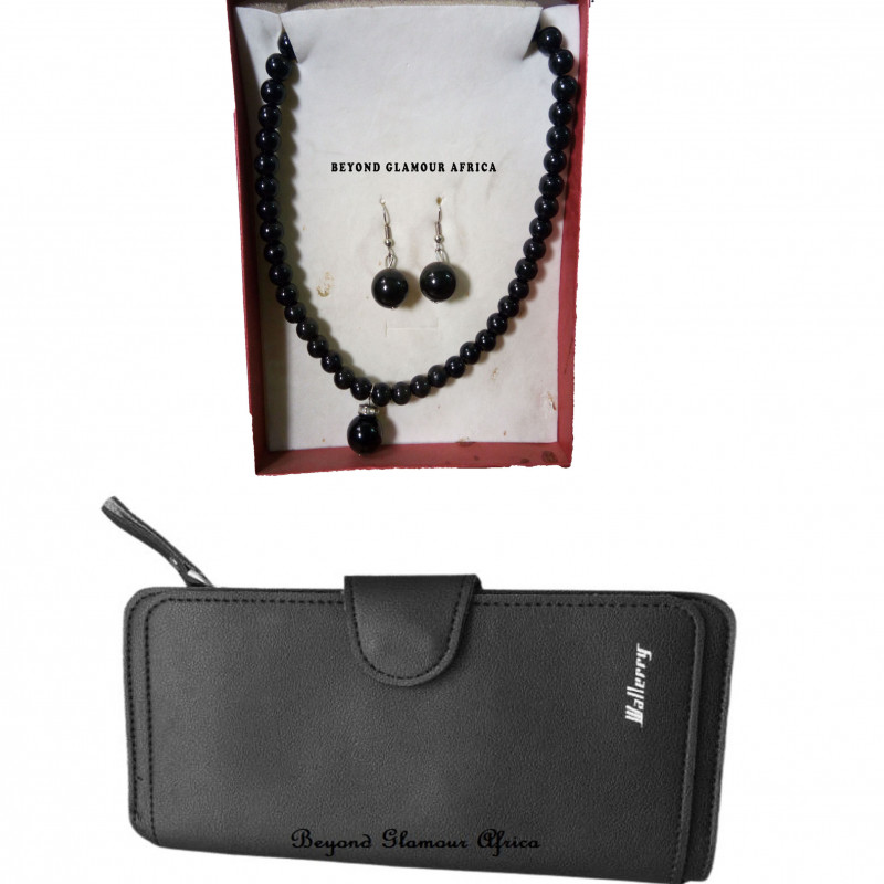 Womens Black Leather wallet and blue pearl jewelry set