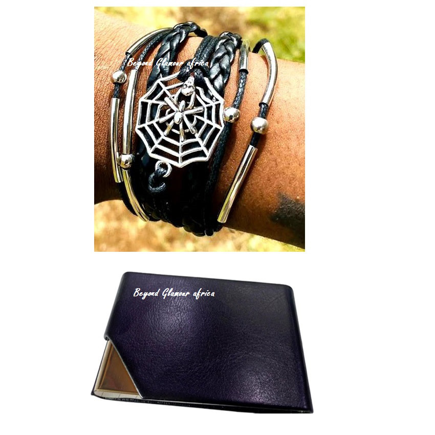 Black Leather bracelet with cardholder case combo