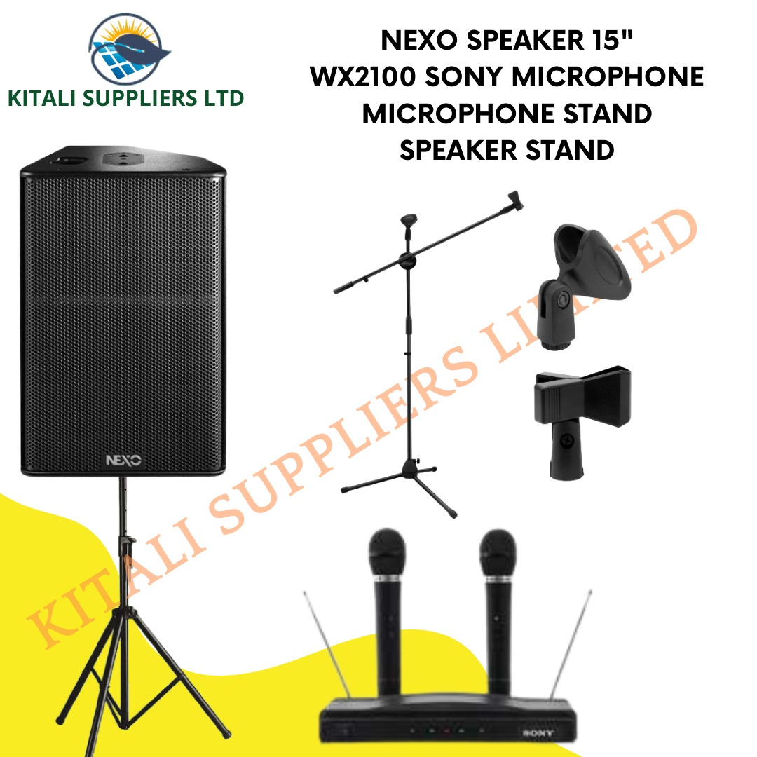 Nexo 15" speaker, WX 2100 SONY MICROPHONE, Microphone stand, speaker stand