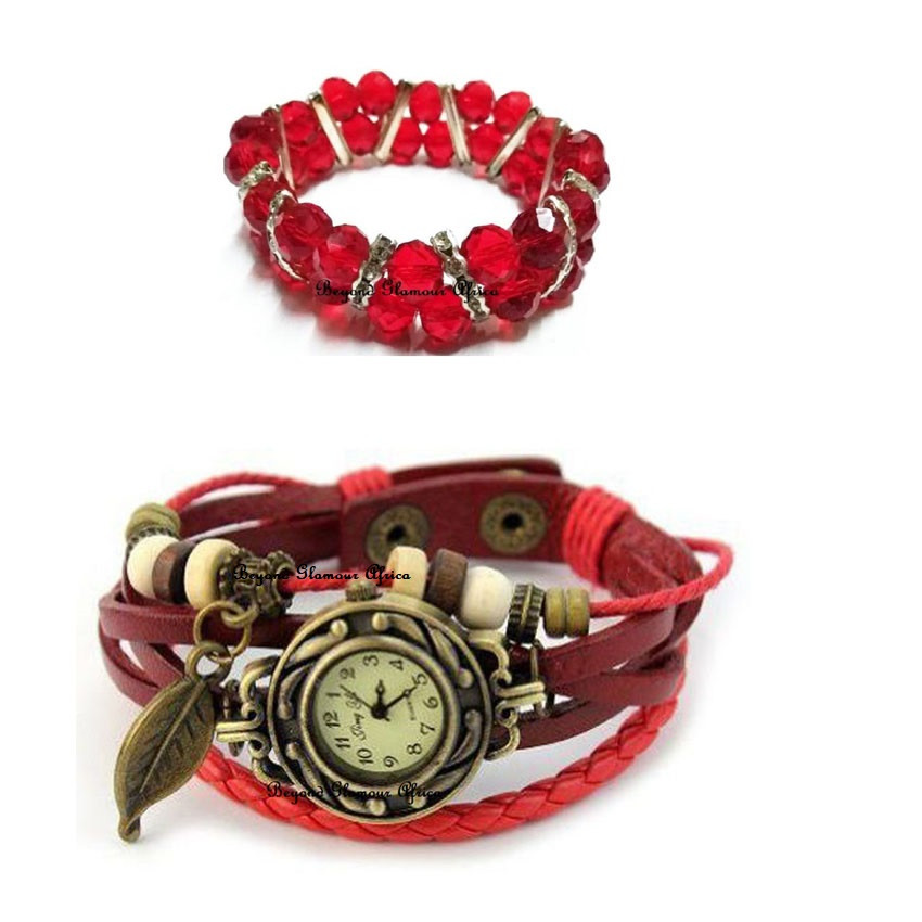 Womens Red leather leaf pendant watch with bracelet