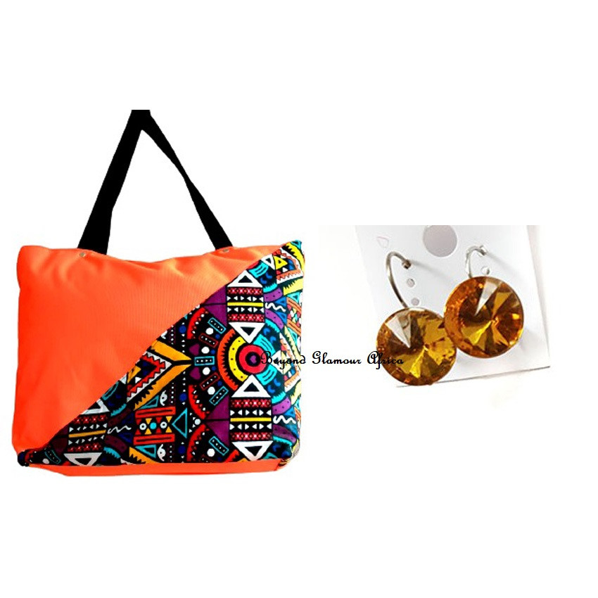 Womens Orange ankara canvas bag with earrings combo