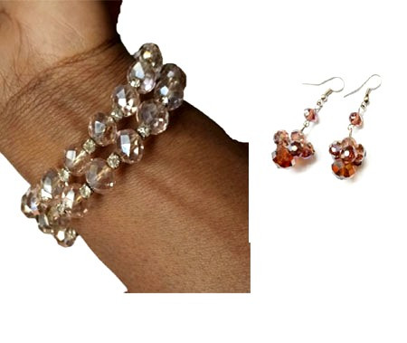Womens Pink bracelet and earrings Crystal Jewelry set
