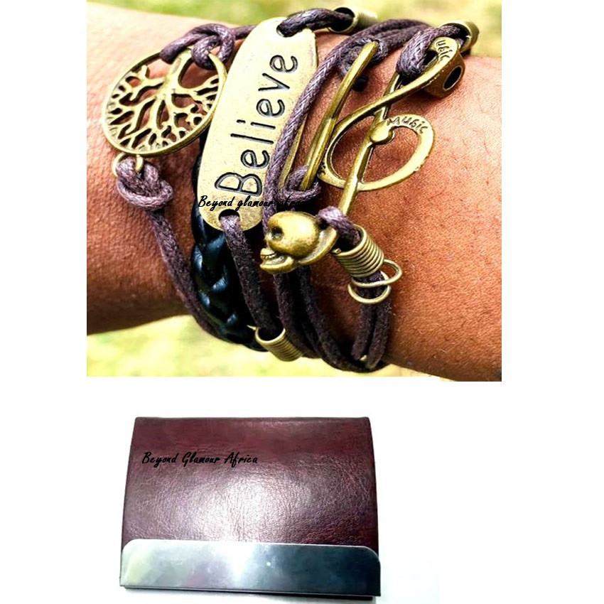 Purple Leather bracelet with cardholder case combo