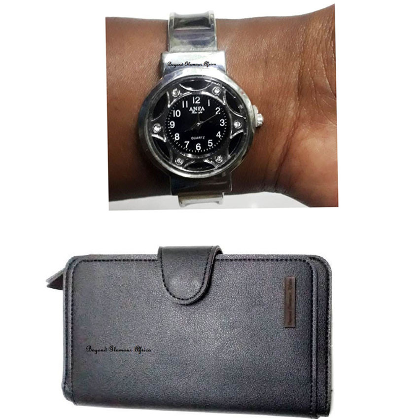 Womens Silver watch with black leather wallet