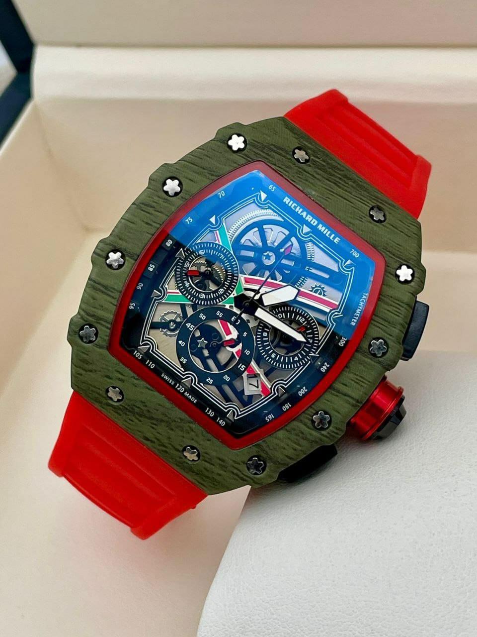 RICHARD MILLE** BRAND PRINTED BACK**FOR Men’s ** 7AAA* HIGH END QUALITY* Original model* Feature;* 12 hr dail * corono working * Date working - glareproofed sapphire crystal Glass, Fibre Strap-Quartz 