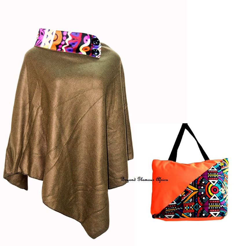 Womens Ankara Brown poncho + canvas bag