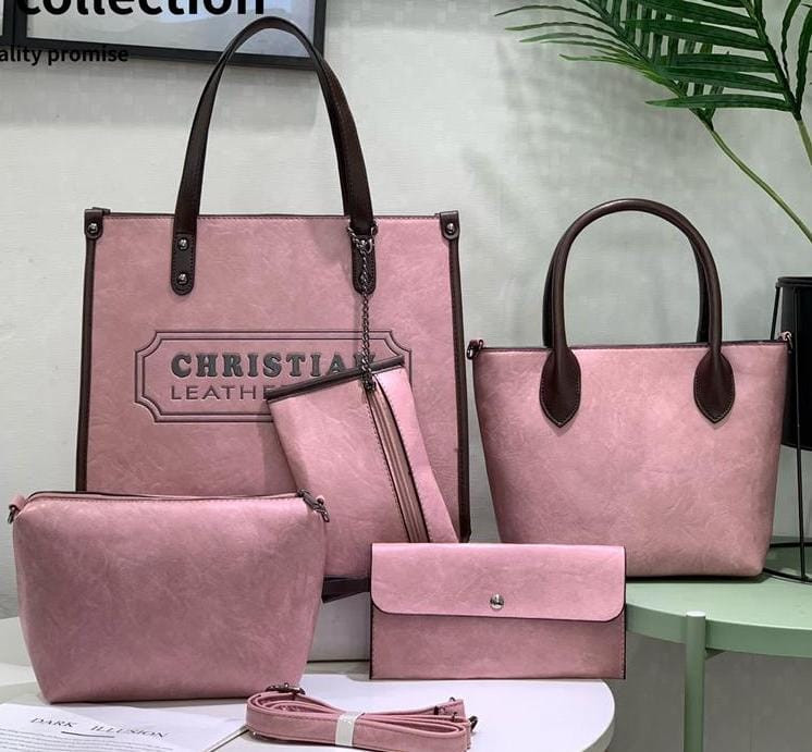 CHRISTIAN LEATHER 5 In 1 Handbag Women Bag Ladies Purse Tote Hobo Bag Female Crossbody Bag Messenger Shoulder Bag Sling Wallet Satchel - Pink