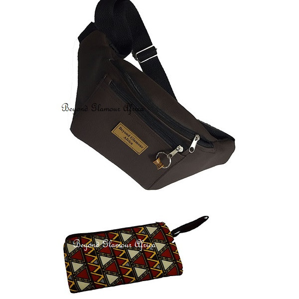 Brown leather waist bag with ankara pouch