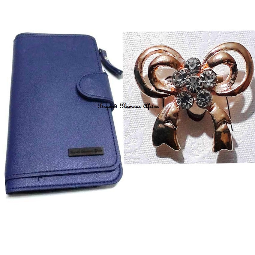 Womens Blue Leather wallet with gold tone brooch combo