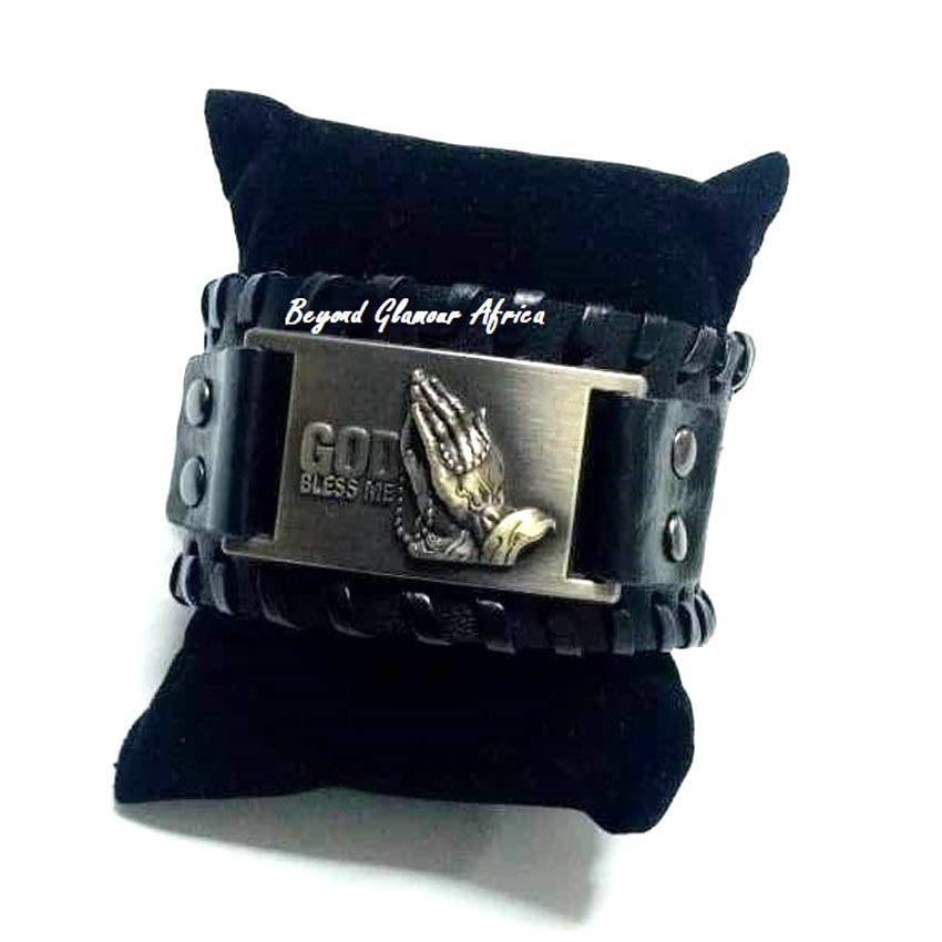 Black Leather Prayer engraved Bracelet