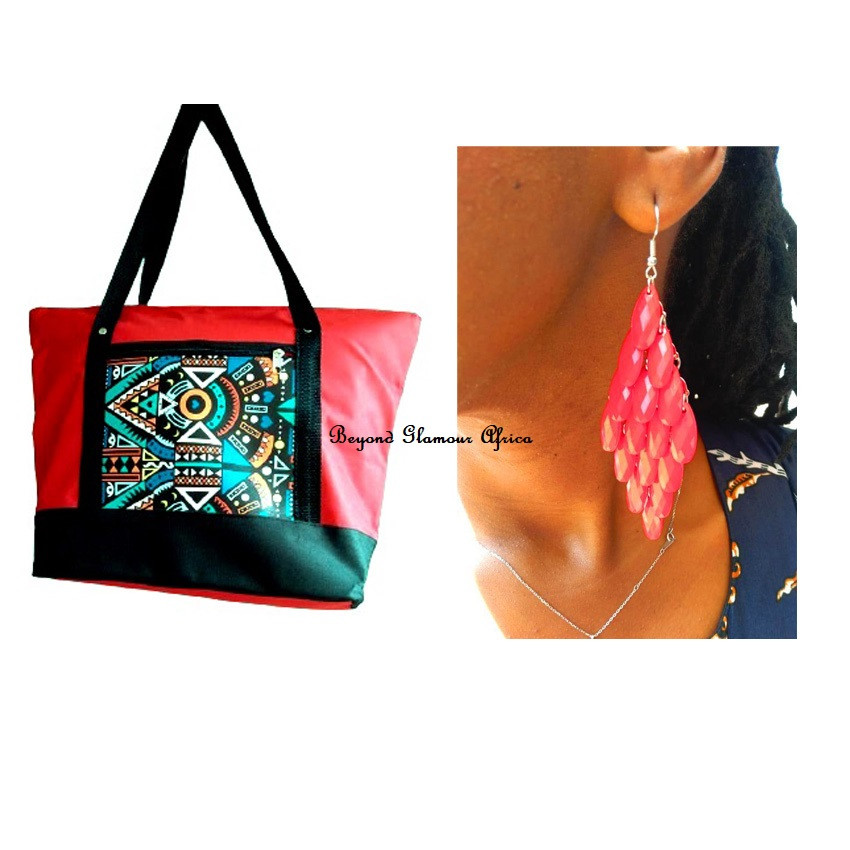 Womens Red ankara canvas bag with earrings combo
