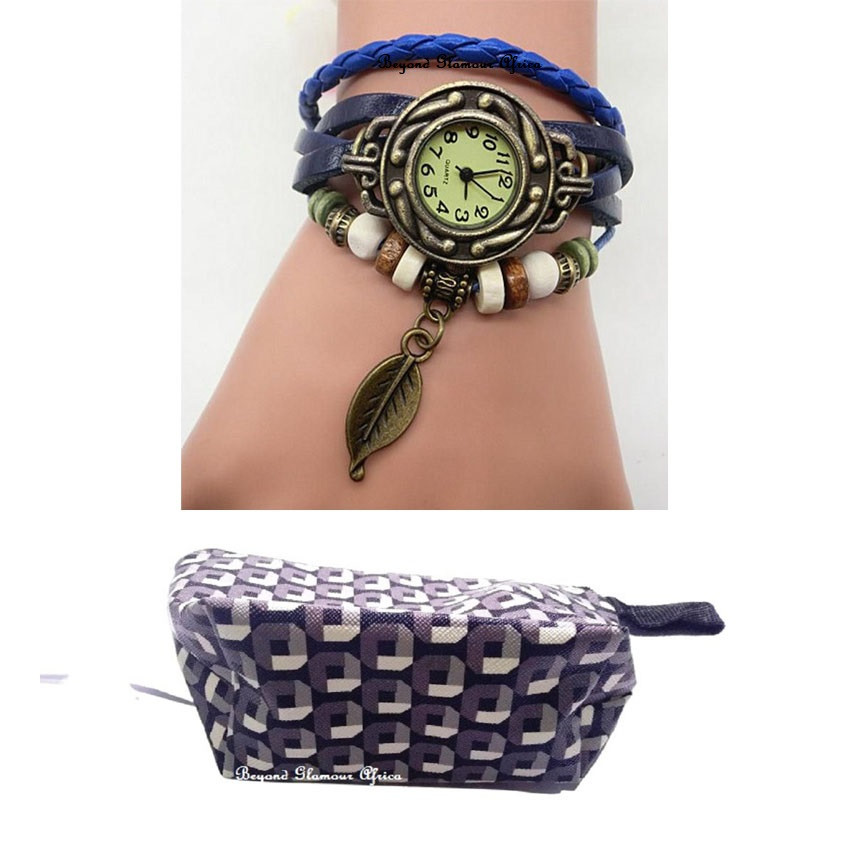 Womens Blue leather leaf pendant watch with coin purse