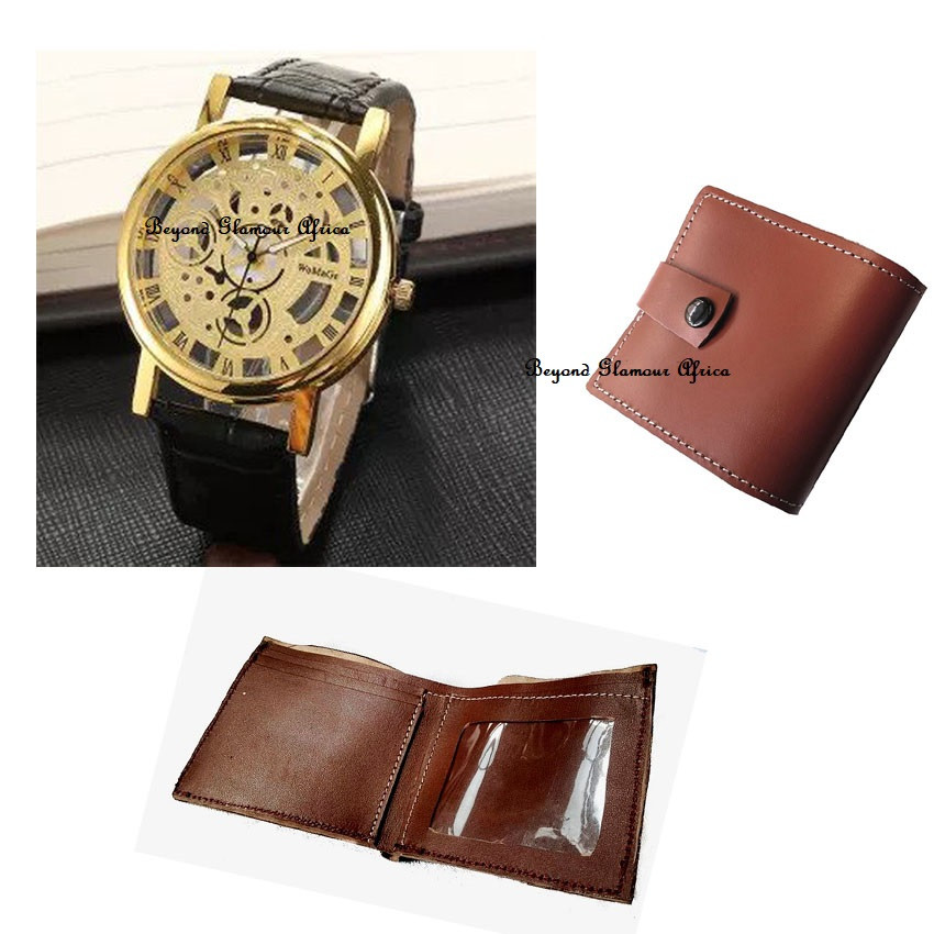 Unisex Black Leather skeleton watch gold face  with wallet