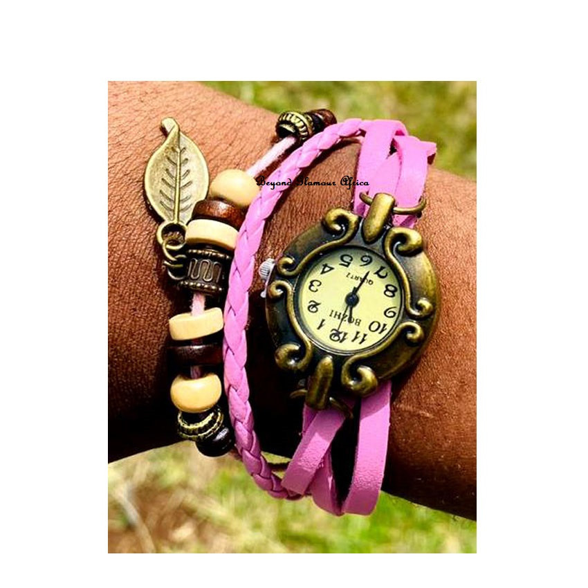 Womens Pink Leather watch with necklace