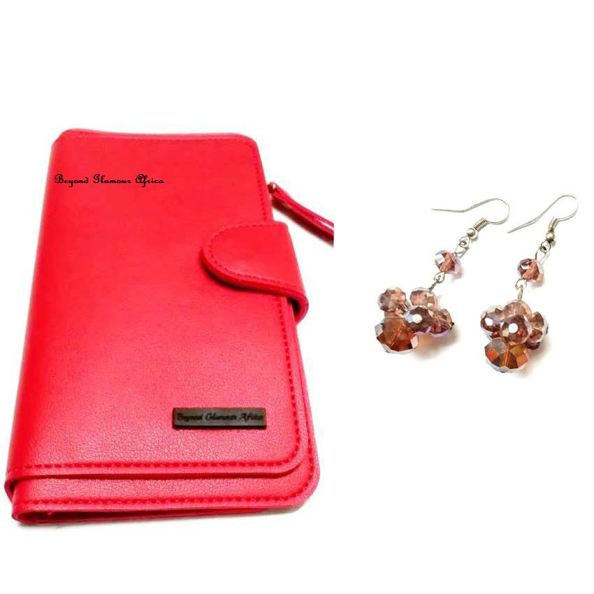 Womens Red leather wallet with earrings