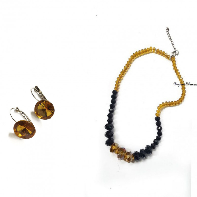 Womens Orange/Black Crystal Necklace and Earrings