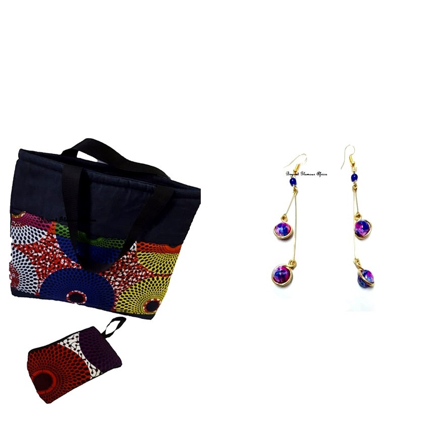 Womens Denim ankara handbag with earrings combo