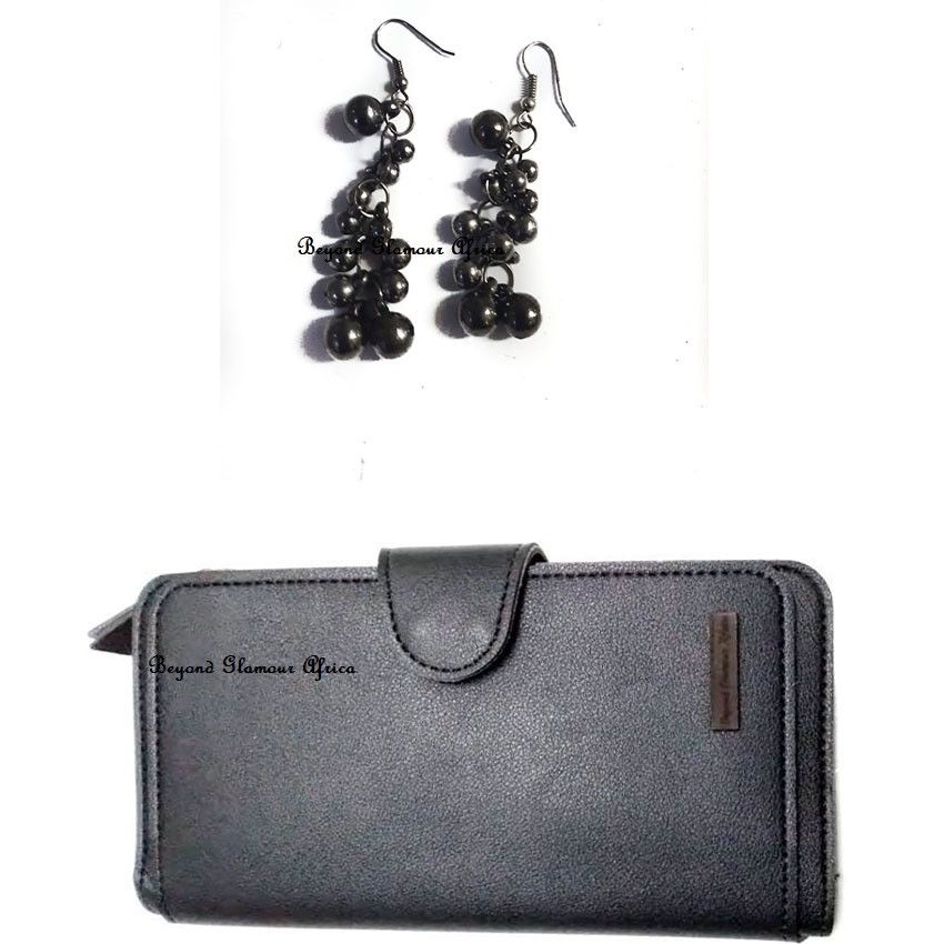 Womens Black leather wallet with earrings