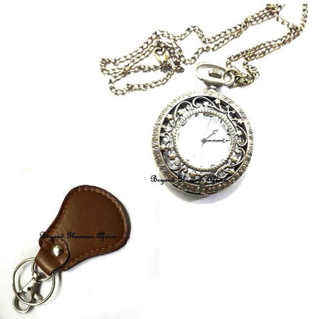 Bronze clear glass Pocket watch with leather keyholder