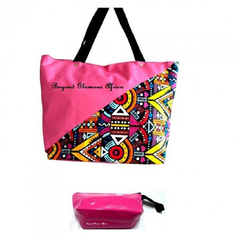 Womens Pink ankara canvas handbag with pouch