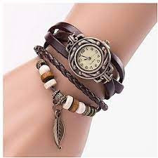 Womens Brown Leather watch with pearl necklace