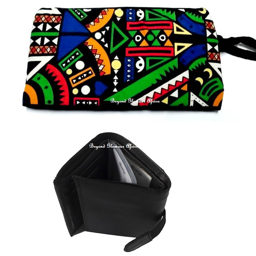 Mens Black Leather wallet with denim ankara pouch