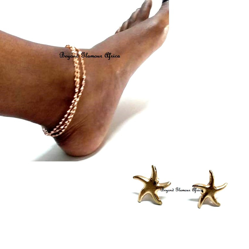 Womens Golden anklet with star earrings