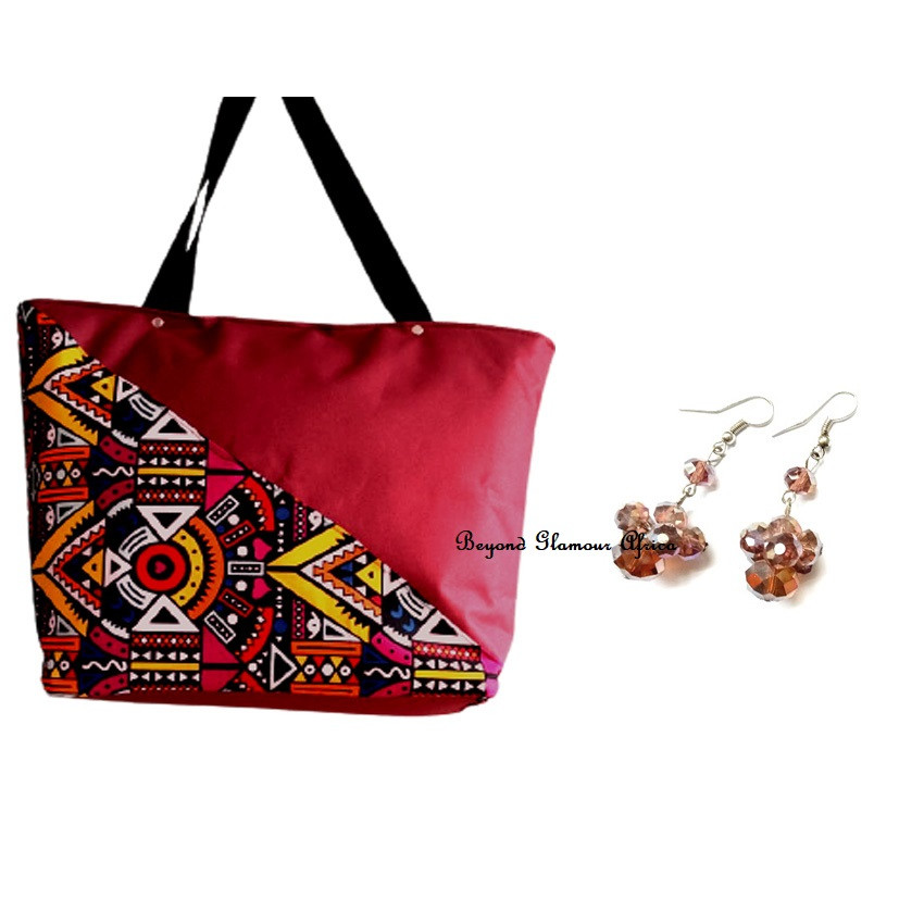 Womens Maroon ankara canvas bag with earrings combo