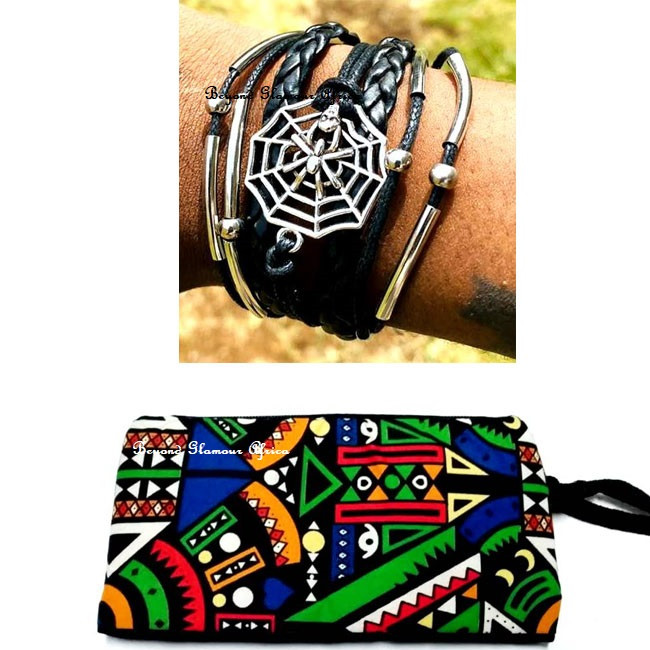 Black Multi leather bracelet with ankara pouch