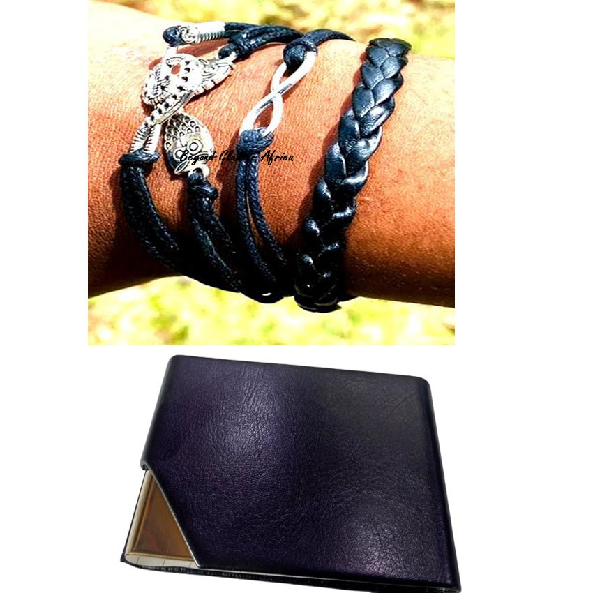 Black Leather bracelet with cardholder case combo