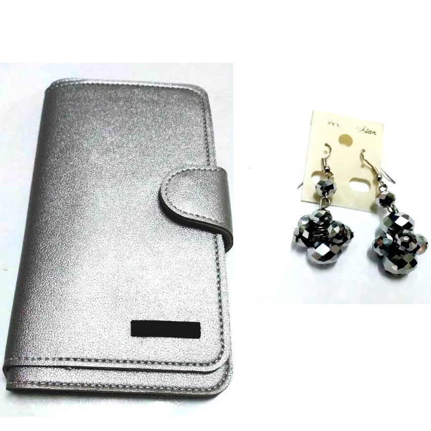 Womens Silver Grey leather wallet with earrings