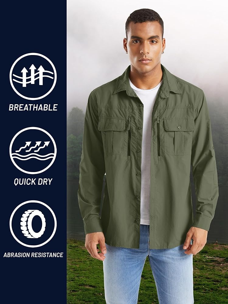 Men's Tactical Shirts Quick Dry UV Protection Breathable Long Sleeve Hiking Fishing Button Shirts