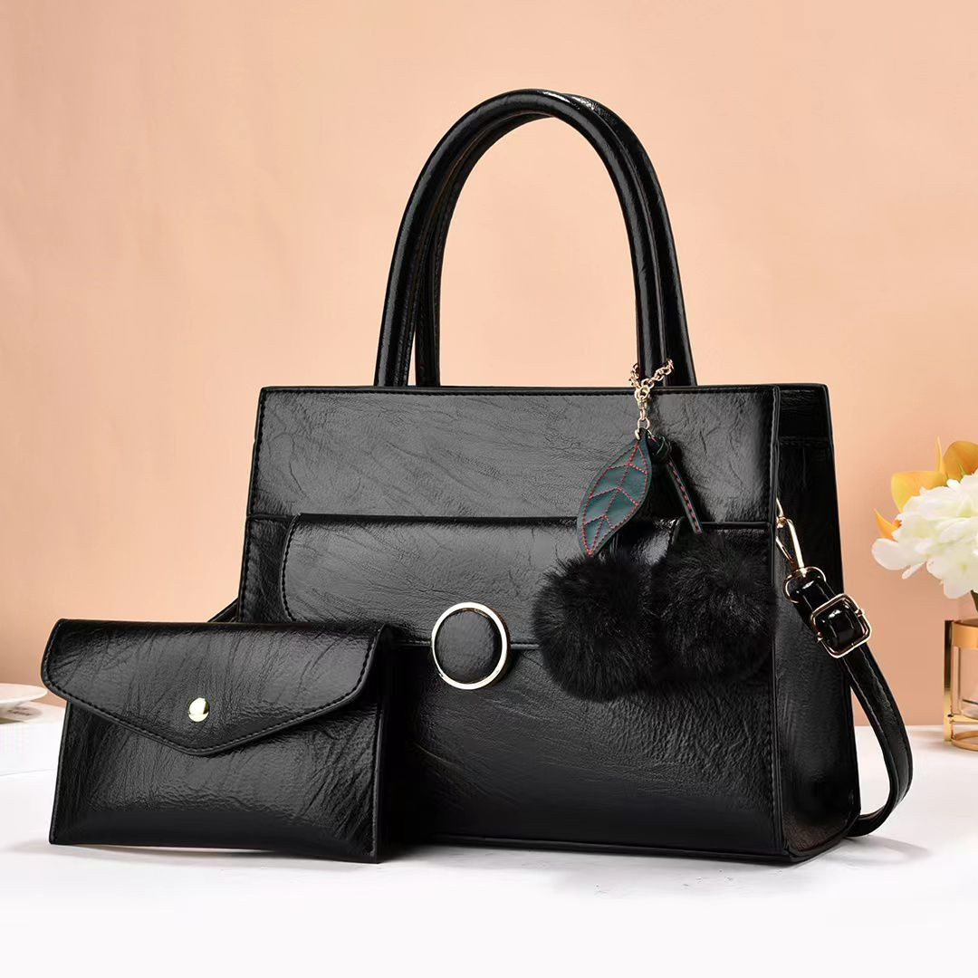 Fashion 2 In 1 Work Pu Leather Shoulder Handbag With Pouch - Black