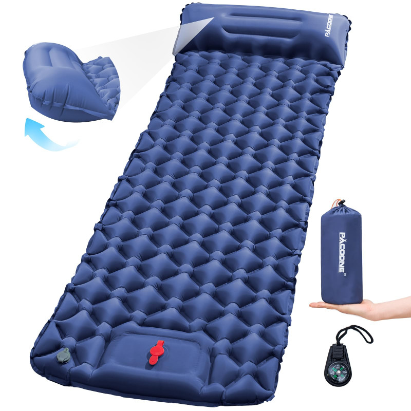 Camping Sleeping Pad with Compass, Ultralight Inflatable Sleeping Mat with Pillow, Built-in Foot Pump, Portable Camping Air Mattress for Backpacking Hiking Traveling Tent