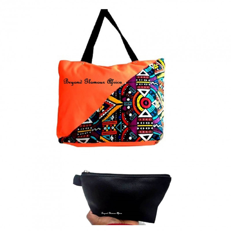 Womens Orange ankara canvas handbag with pouch