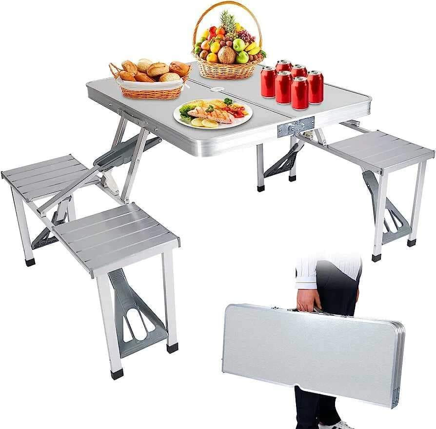Aluminum Foldable Table Camping Picnic Folding Grilling Table w/ 4 Chairs Seats Umbrella Hole Fold Up Suitcase Table for Travel Picnic Camping BBQ Party