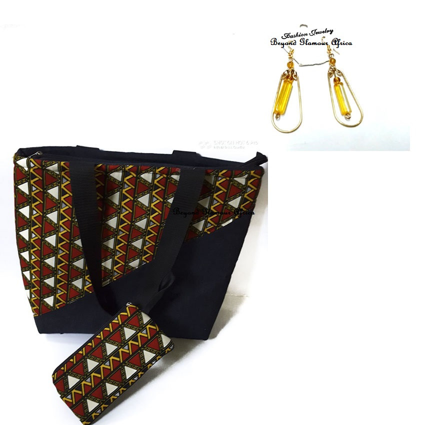 Womens Brown Ankara denim handbag with earrings