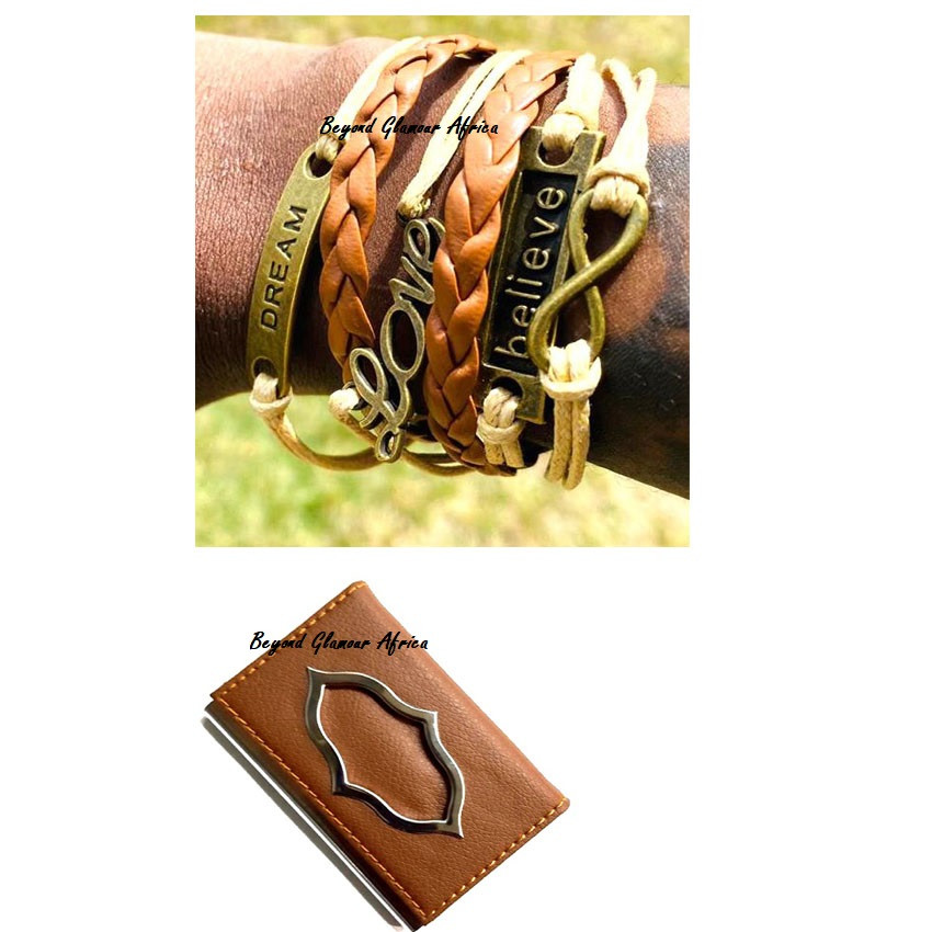 Brown Leather bracelet with cardholder case combo