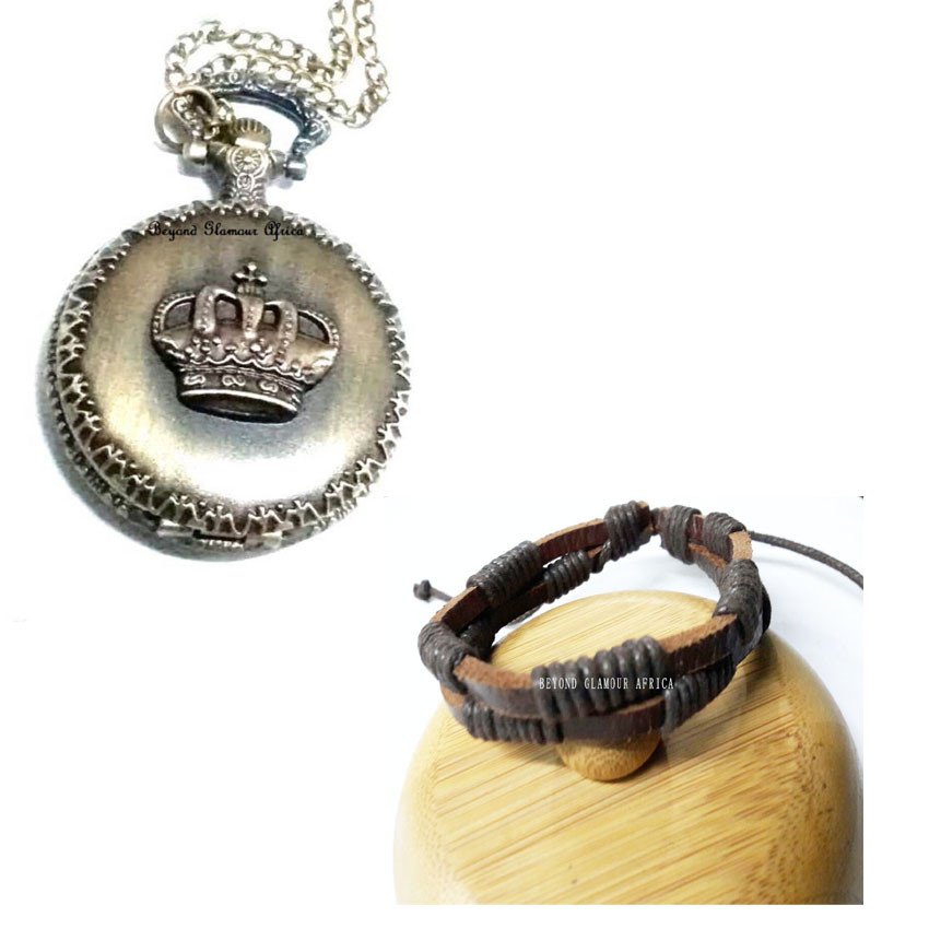 Mens Brass Crown Pocket watch with leather bracelet