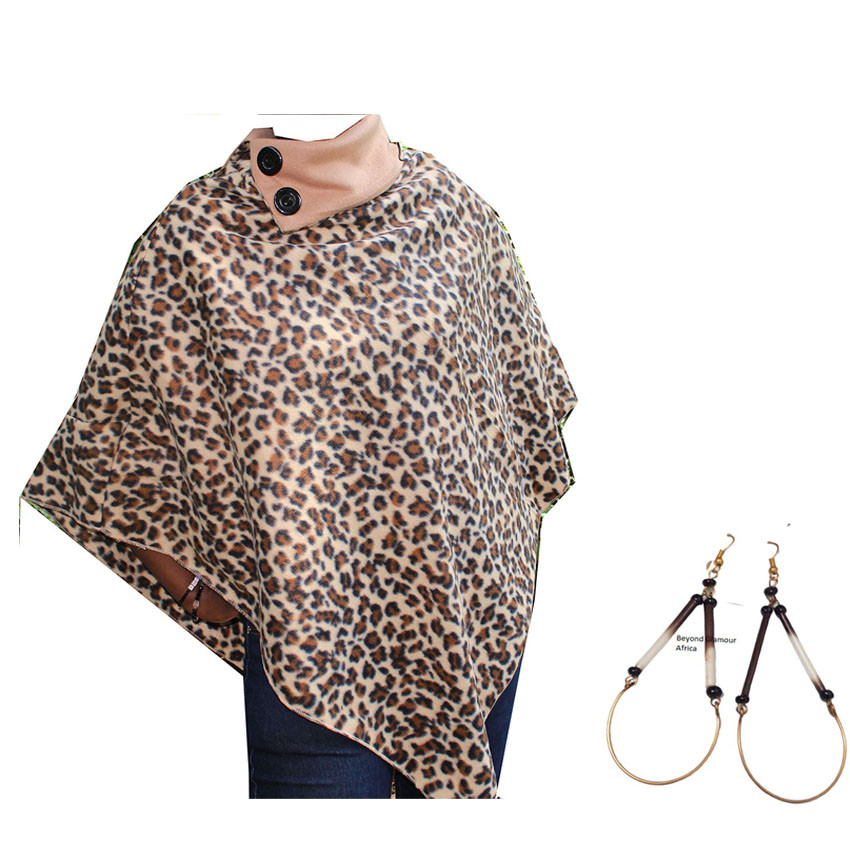 Womens Animal Print Cotton Poncho with earrings