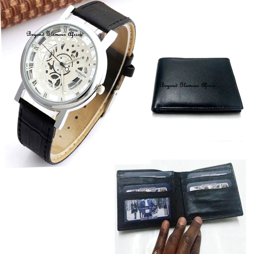 Unisex Black Leather skeleton watch with wallet