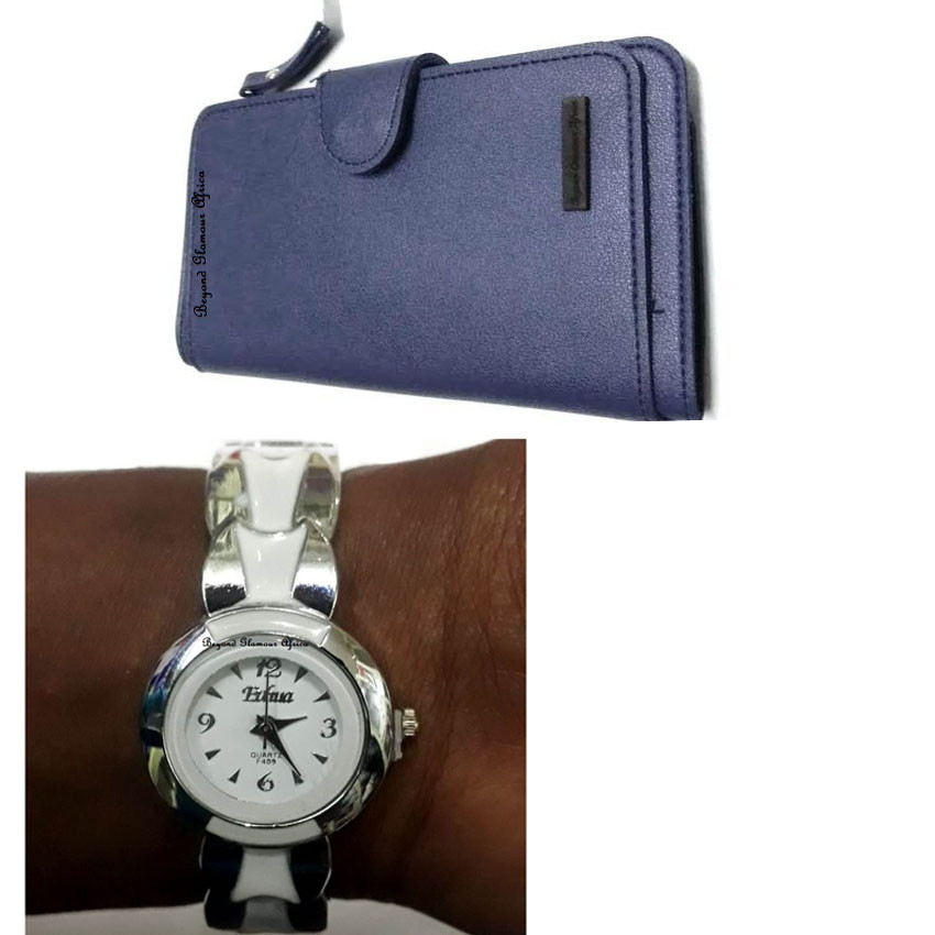 Womens Silver watch with blue leather wallet