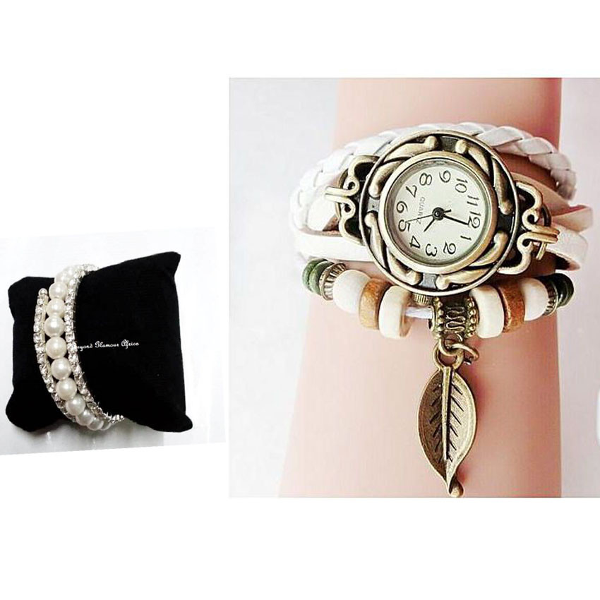 Wmens White leather Watch with crystal bracelet