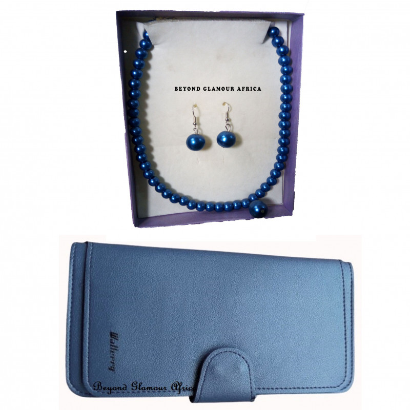 Womens Blue Leather wallet and blue pearl jewelry set