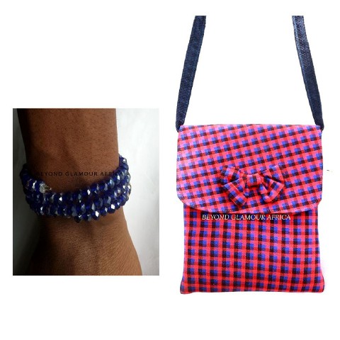 Womens Maasai jute sling bag with Blue spiral crystal bracelet